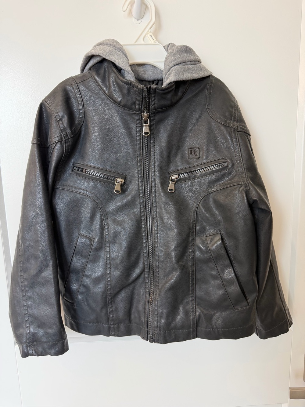 Urban Republic Black Faux Leather Bomber Jacket with Gray Hood